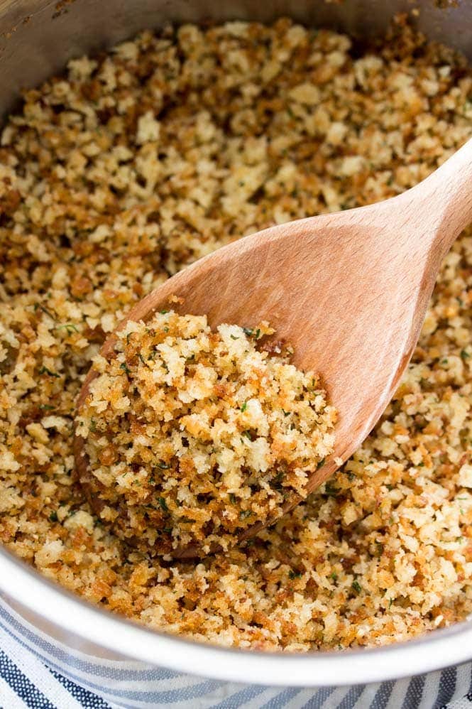 Toasting panko in small saucepan for baked mac and cheese