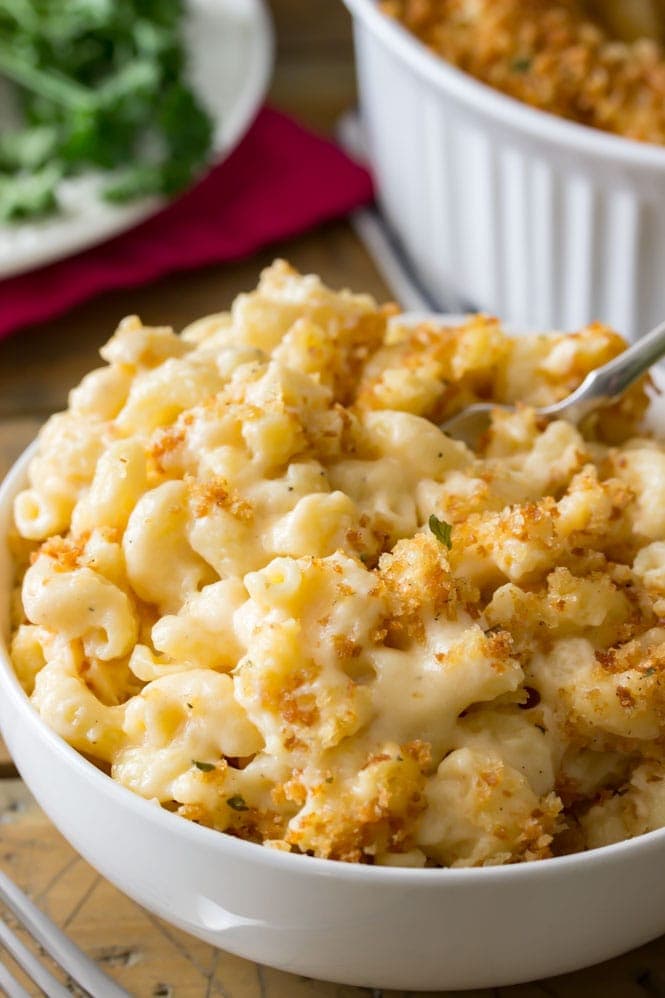 White bowl filled with homemade mac and cheese
