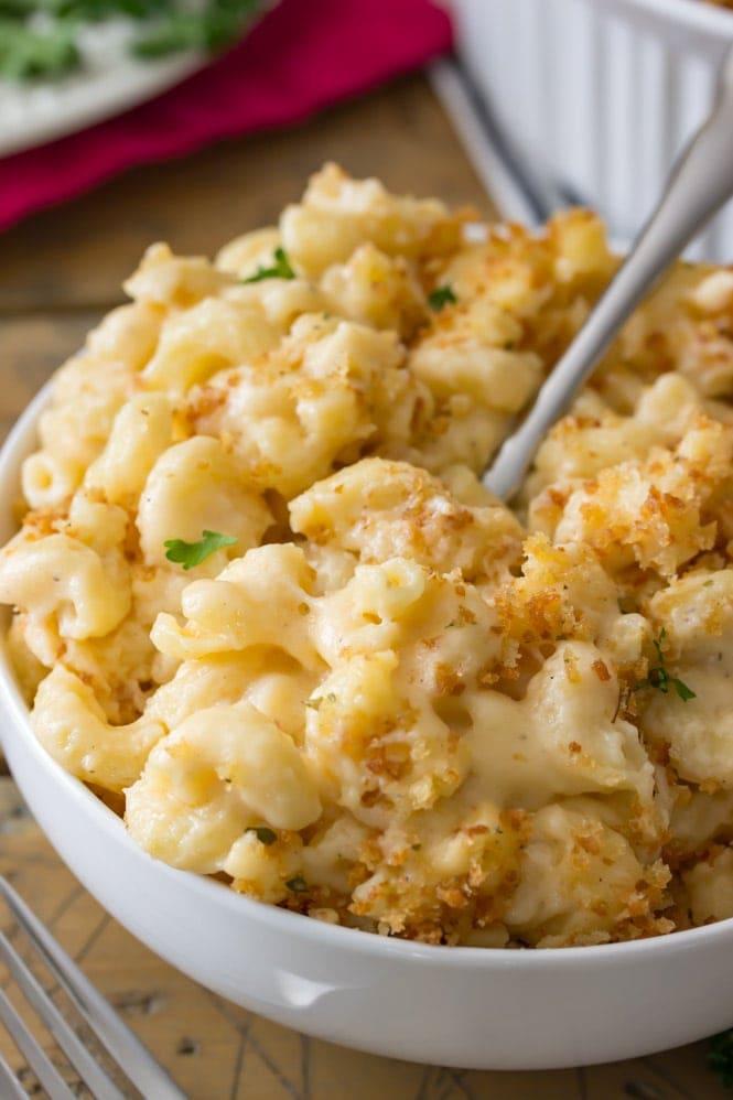 Baked Mac and Cheese in a white bowl