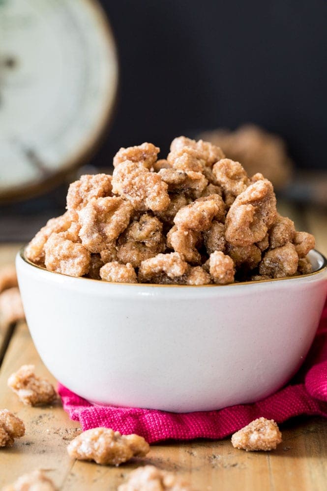 Candied walnuts in a white bowl