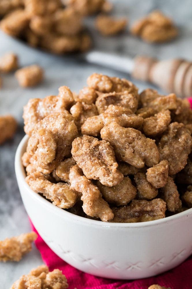 Candied Walnuts in a white bowl