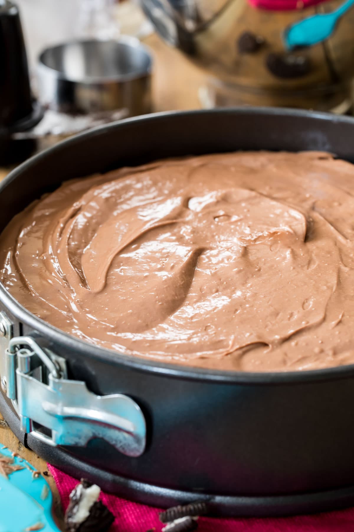 chocolate batter in springform pan