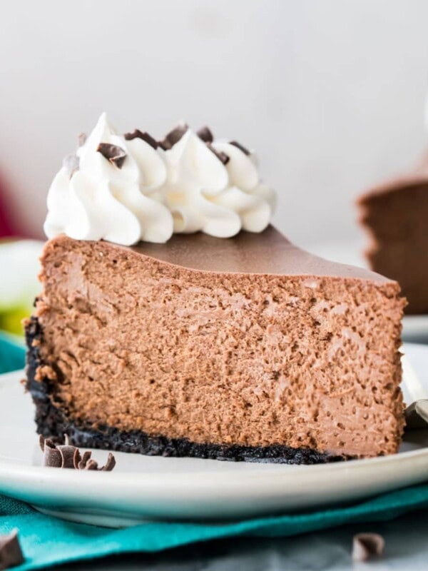 chocolate cheesecake on white plate