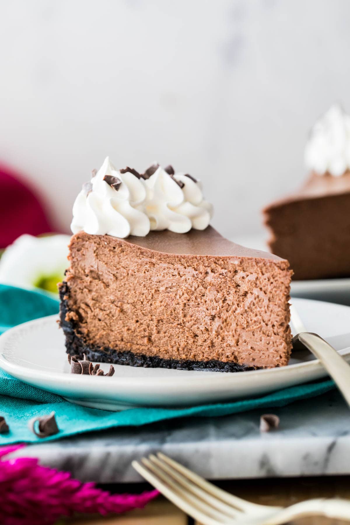 chocolate cheesecake on white plate