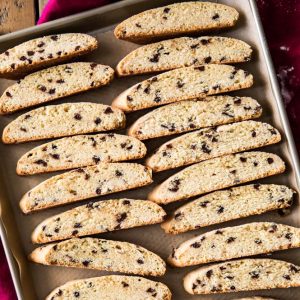 Biscotti slices on a baking sheet