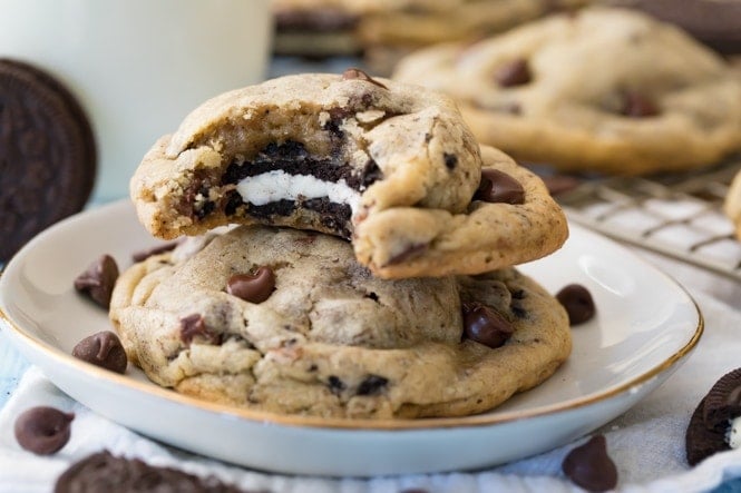 Horizontal photo of two oreo stuffed cookies stacked on top each other