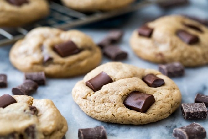 Chocolate chip cookies surrounded by chocolate chunks