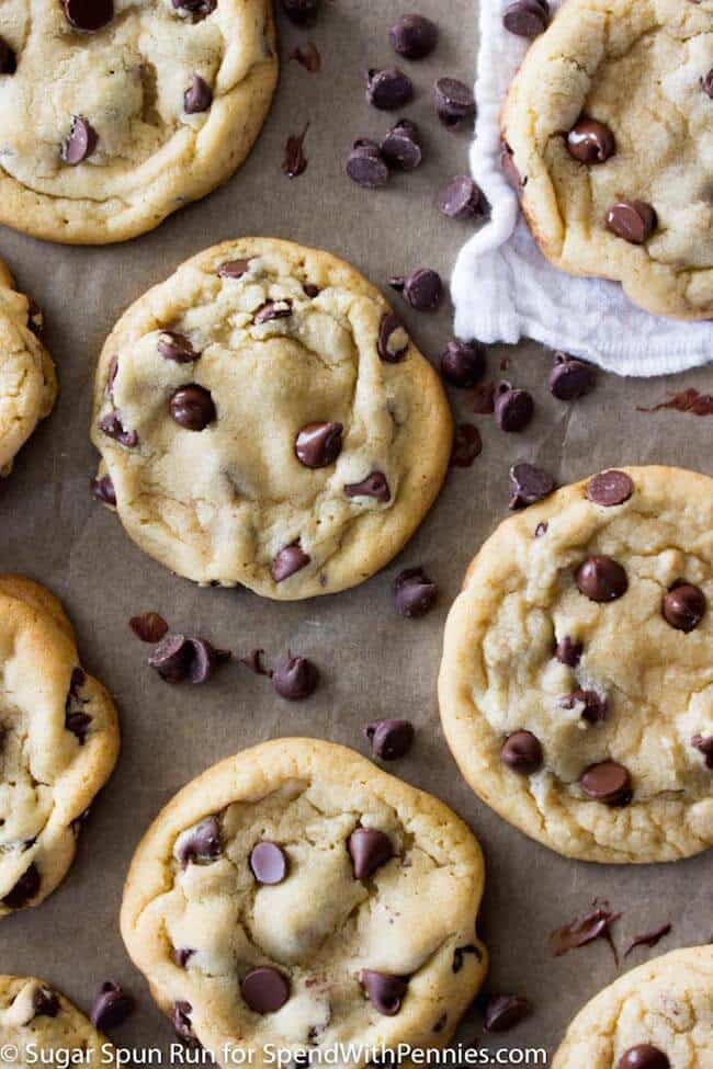 An overhead view of chocolate chip cookies