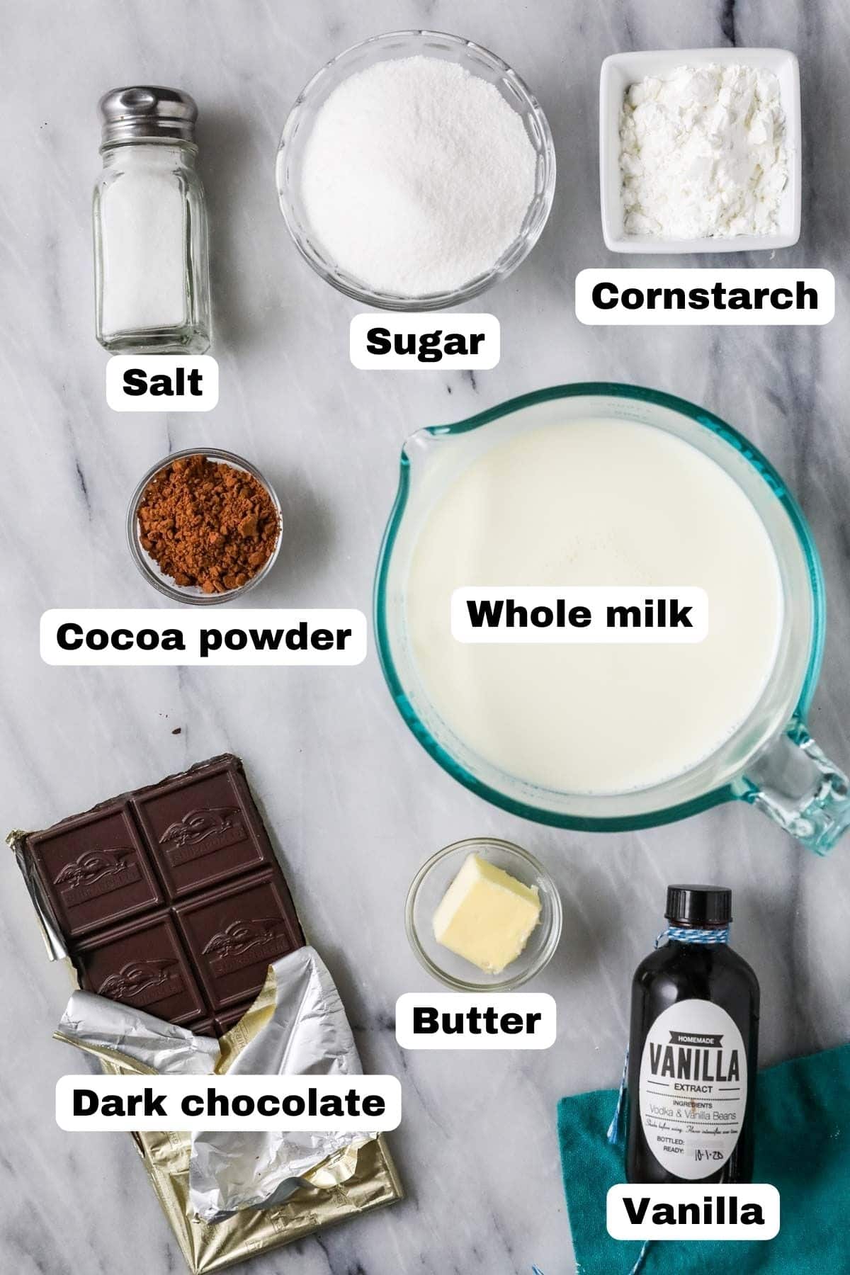 Ingredients needed for chocolate pudding recipe