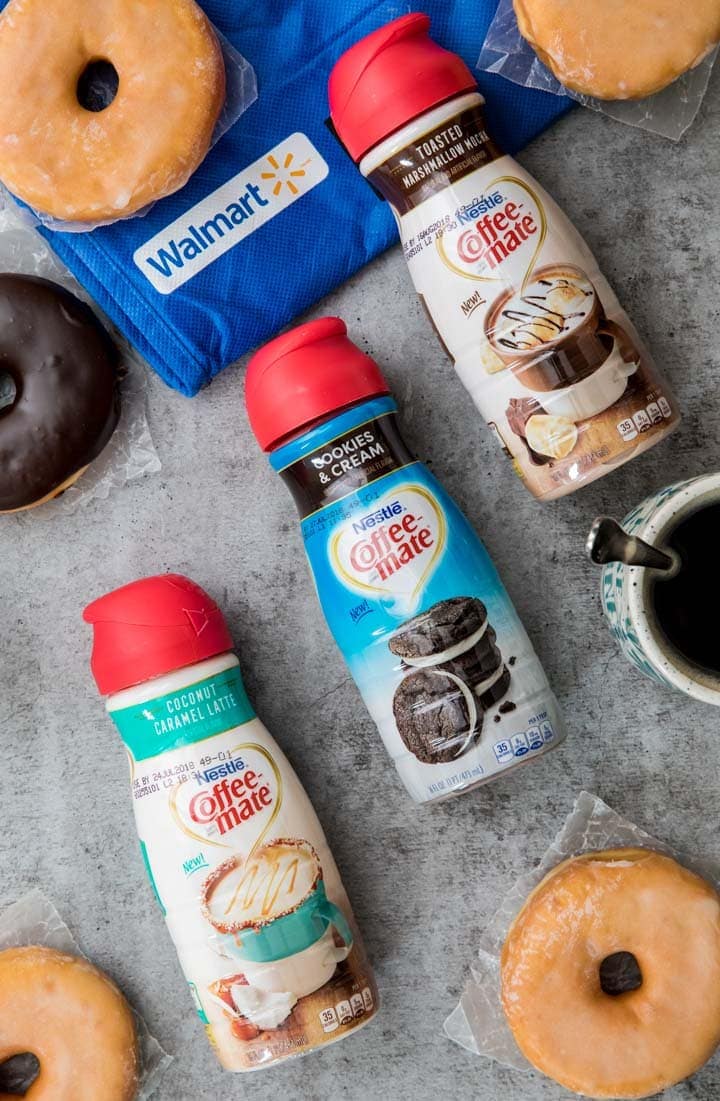 Coffee mate creamers laid out with walmart bag