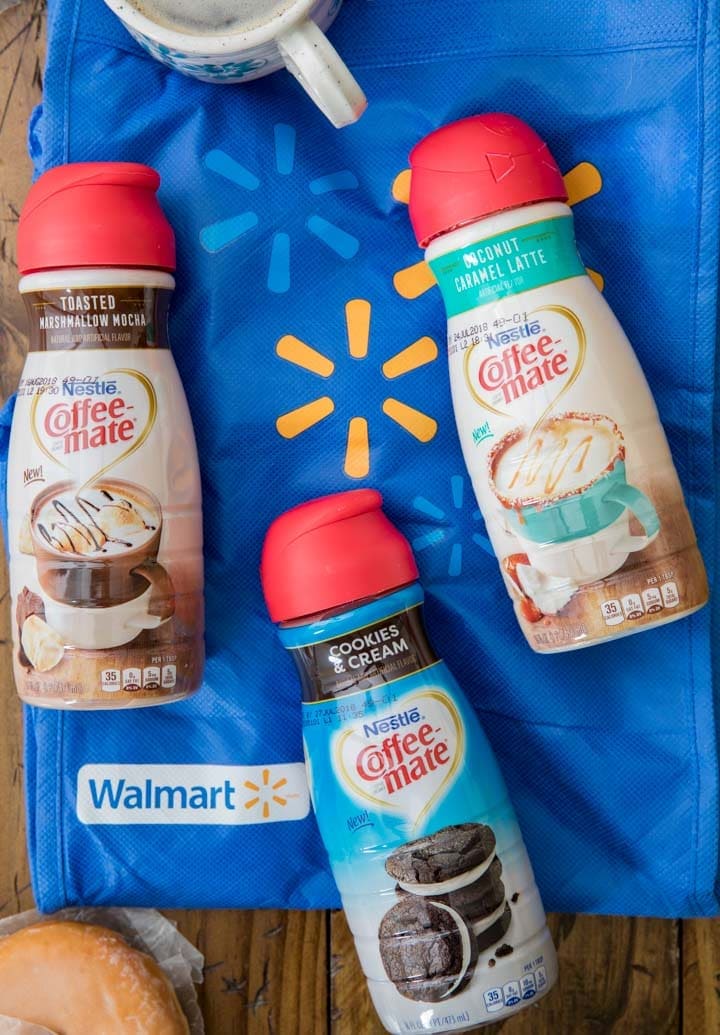 Coffee mate creamers laid out on walmart bag