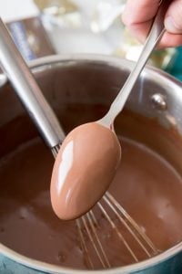 Chocolate pudding batter on spoon over saucepan