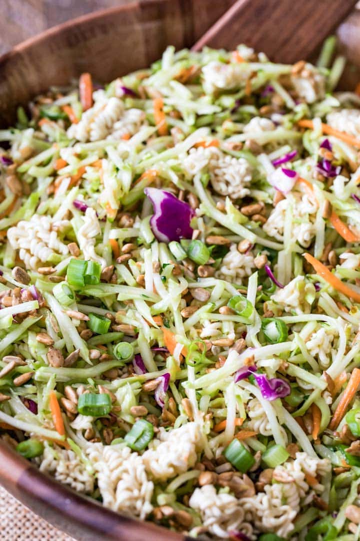 Ramen Noodle salad in wooden bowl