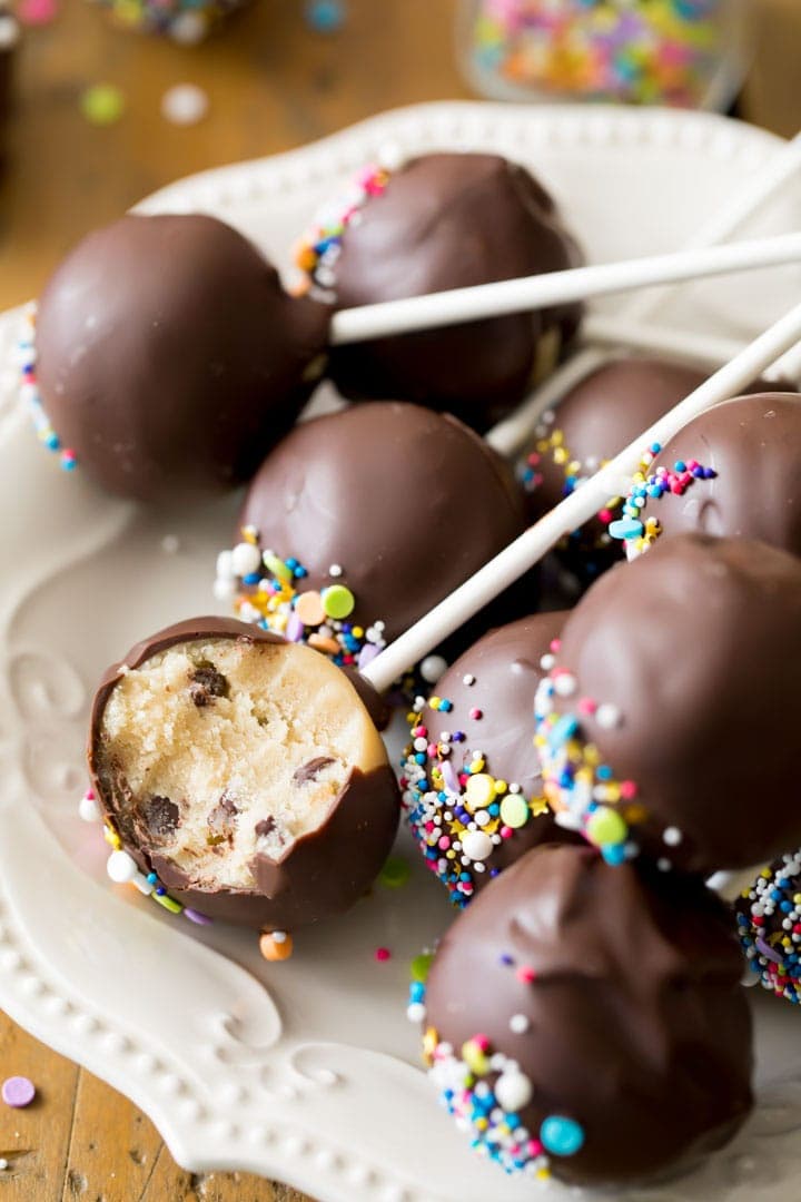 Cookie dough pops on plate