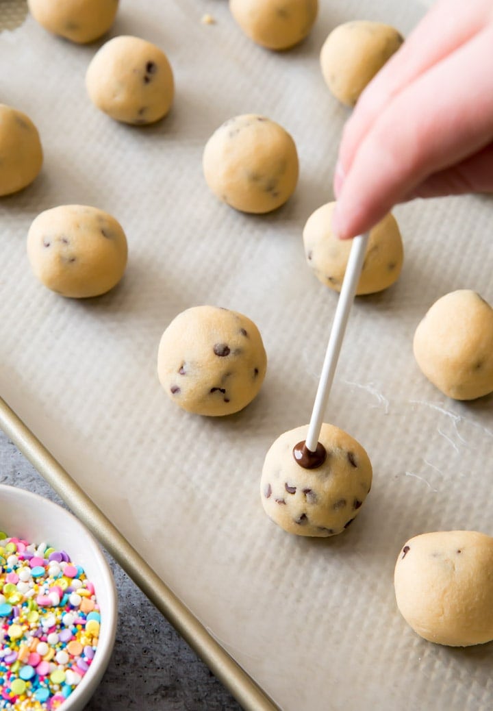Stick pressed into cookie dough pop