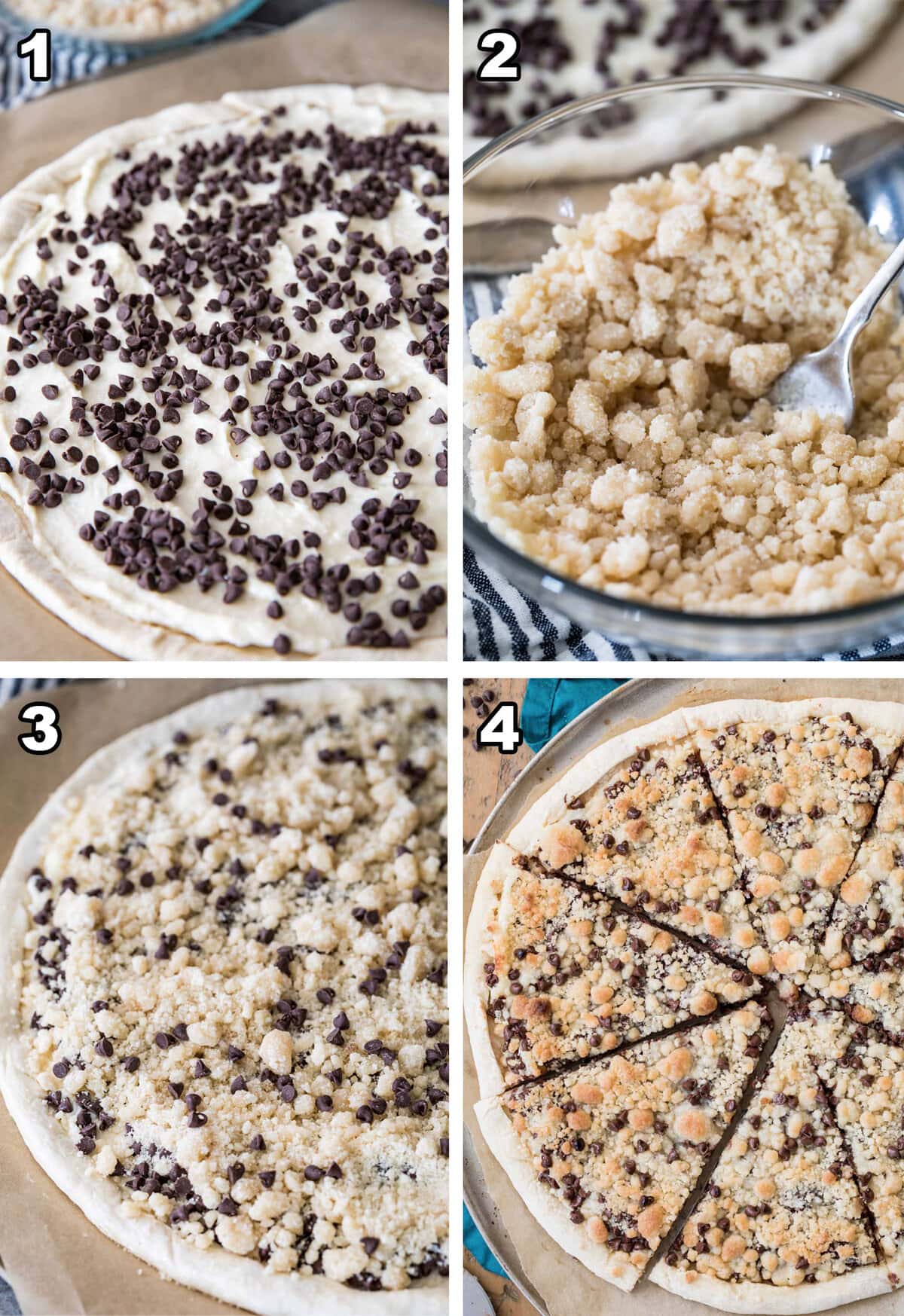 Collage of four images showing pizza dough being topped with cream cheese sauce, chocolate chips, and streusel before being baked and sliced.