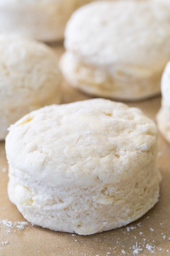 Buttery biscuit dough cut into 2 ¾" rounds