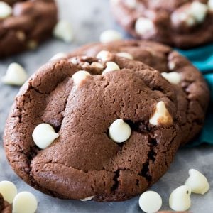 Inside out chocolate chip cookies made with chocolate cookie dough and white chocolate chips.