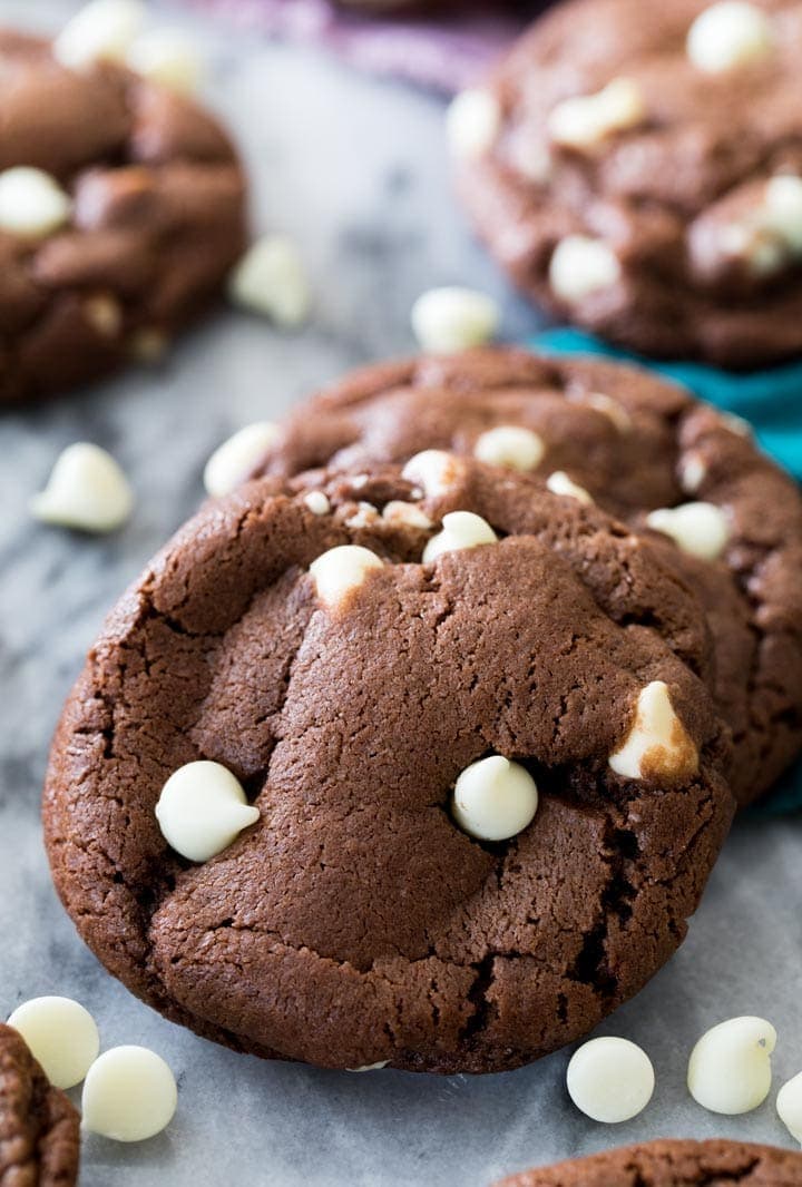 Inside out chocolate chip cookies made with chocolate cookie dough and white chocolate chips.