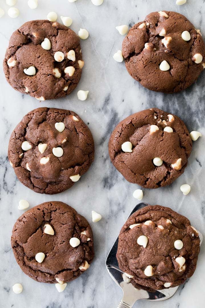 Overhead view of inside out chocolate chip cookies.