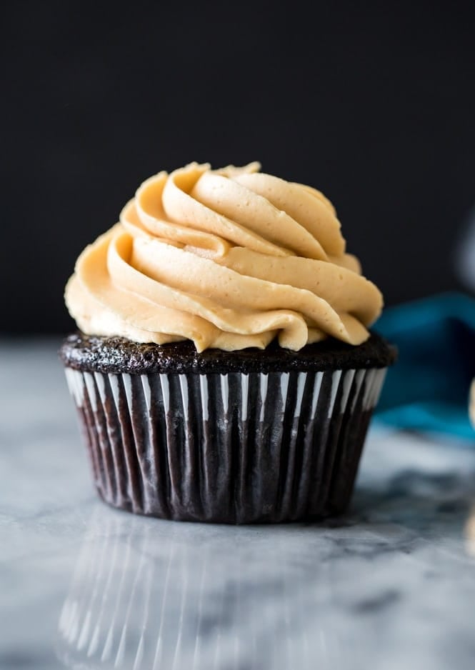 Dark Chocolate Cupcake topped with Peanut Butter Frosting