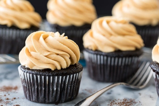 Dark chocolate cupcakes with peanut butter frosting
