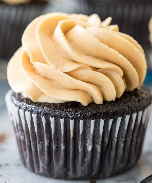 Peanut butter frosting on cupcake