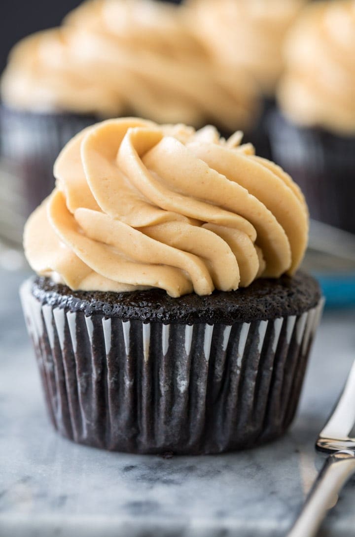 Peanut butter frosting on a chocolate cupcake