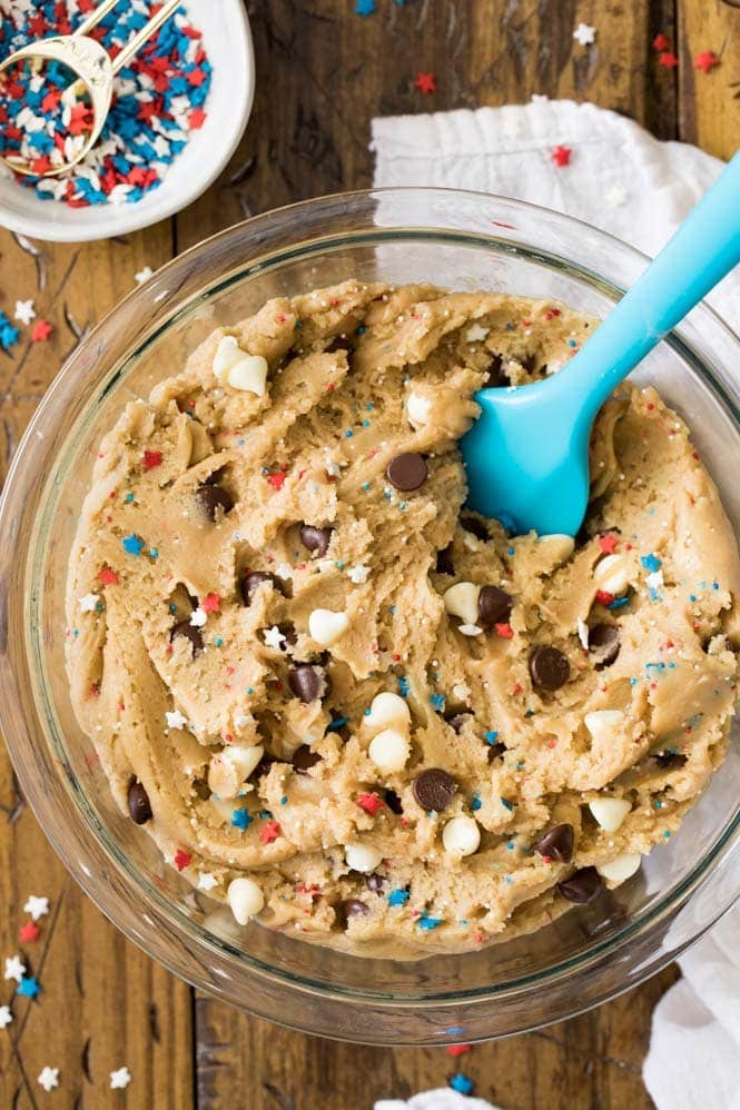 chocolate chip cookie dough with red white and blue sprinkles