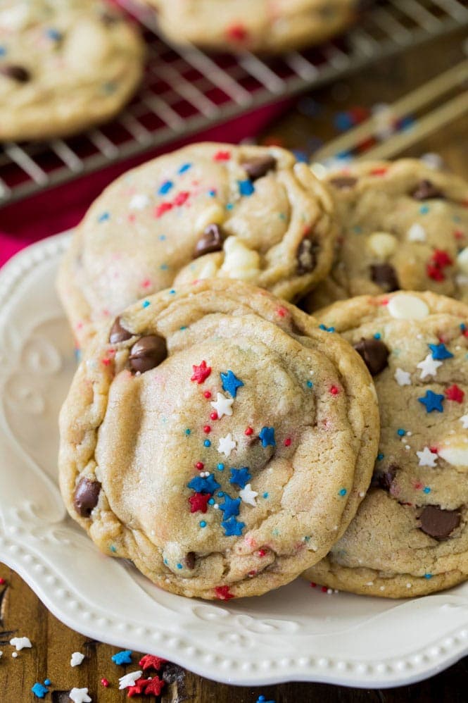 red white and blue cookies on a plate