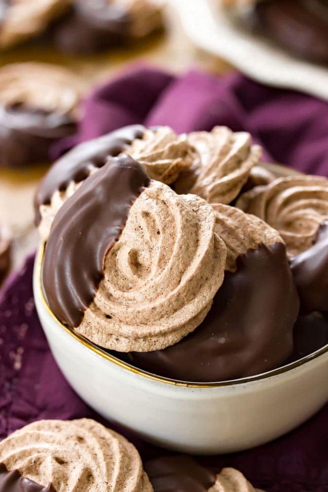 Chocolate meringue cookies being served in a bowl