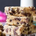 Stack of chewy chocolate chip cookie bars