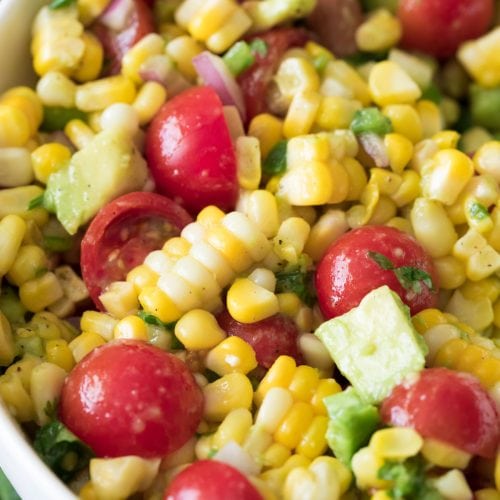 close up of corn salad in bowl