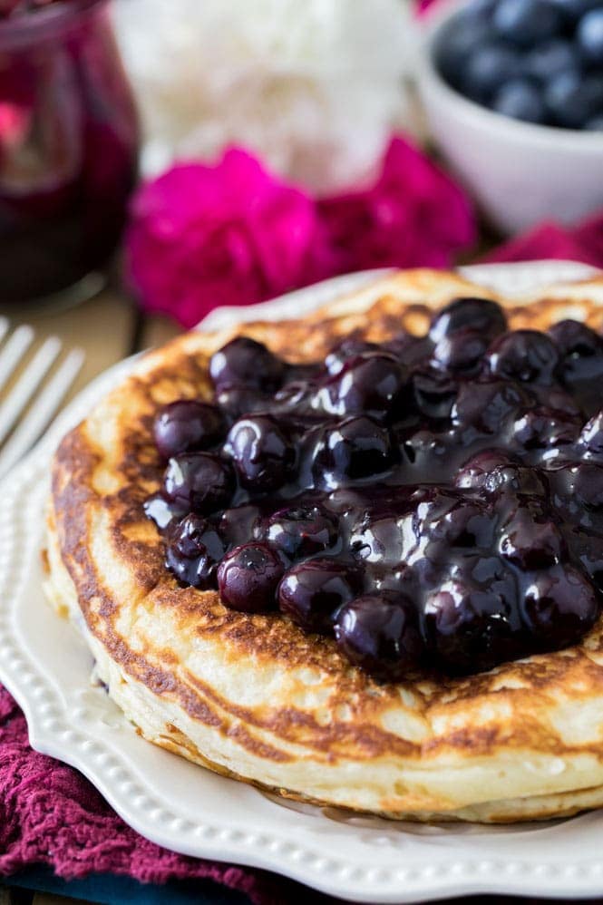 Blueberry sauce on pancakes
