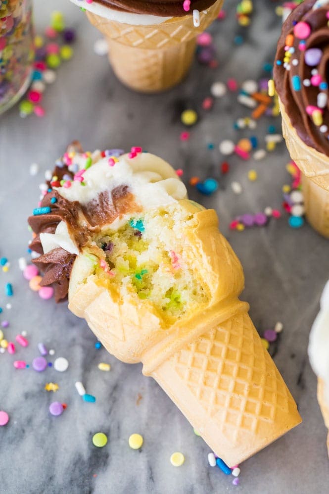 Ice Cream Cone cupcake with a bite out of it to show cakey interior
