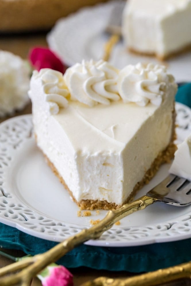 slice of no bake cheesecake on white plate