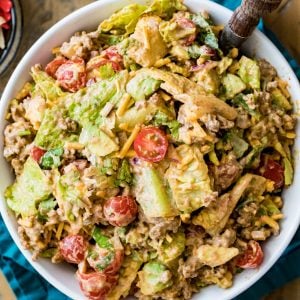 overhead of taco salad in white bowl