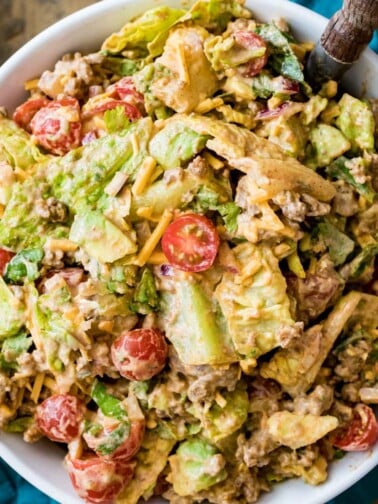 overhead of taco salad in white bowl