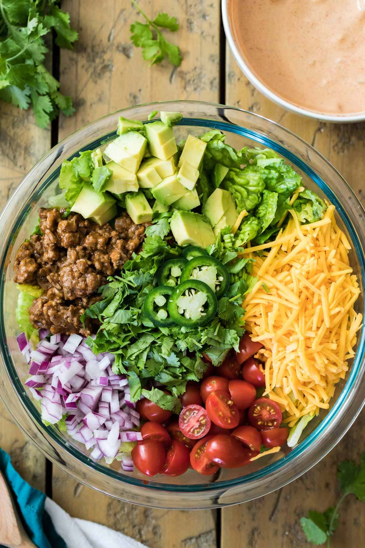 overhead of taco salad ingredients