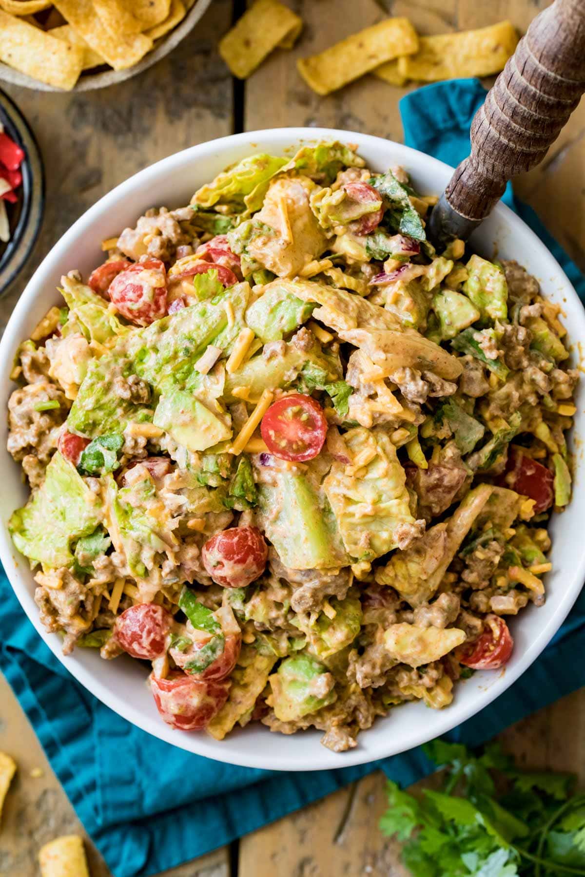 overhead of taco salad in white bowl