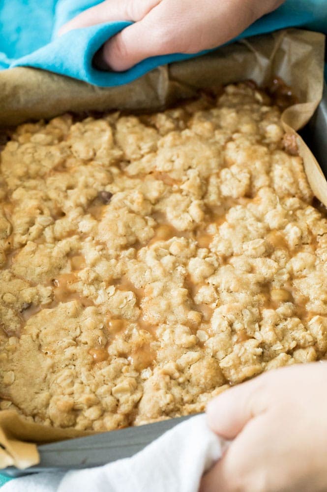 Freshly baked pan of caramelitas