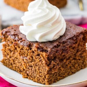 square slice of gingerbread topped with dollop of whipped cream