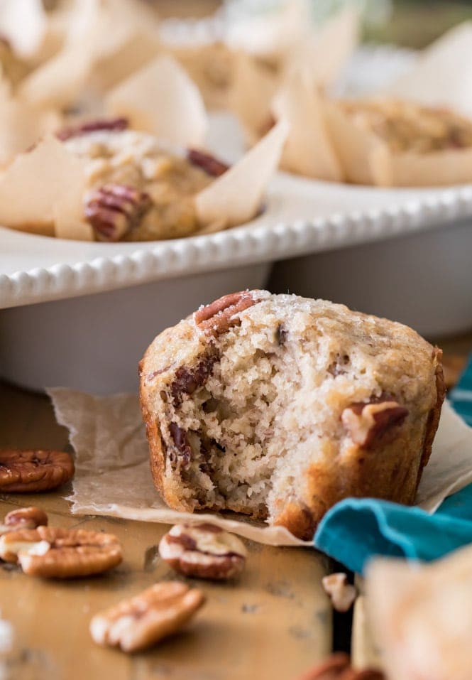 Freshly baked banana nut muffin with bite out of it