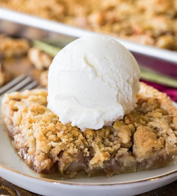 Apple slab pie with scoop of vanilla ice cream