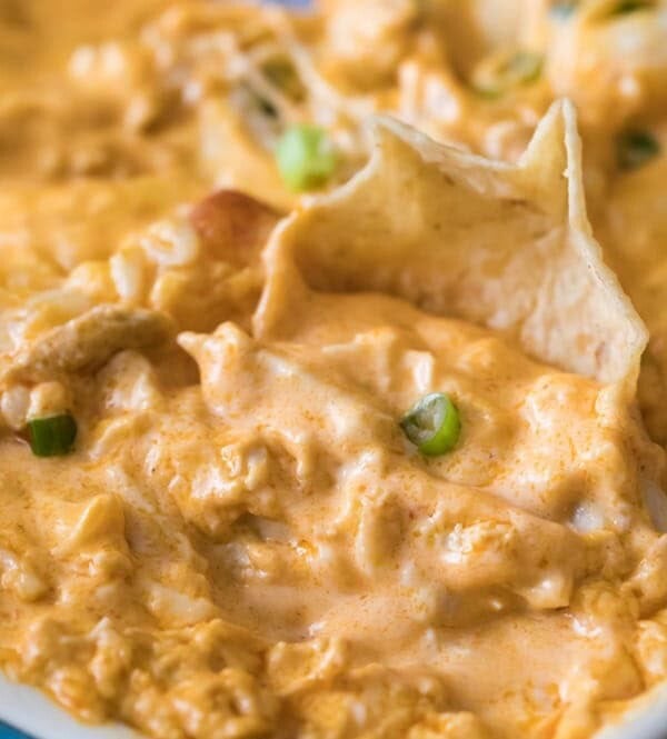 Tortilla chip in buffalo chicken dip