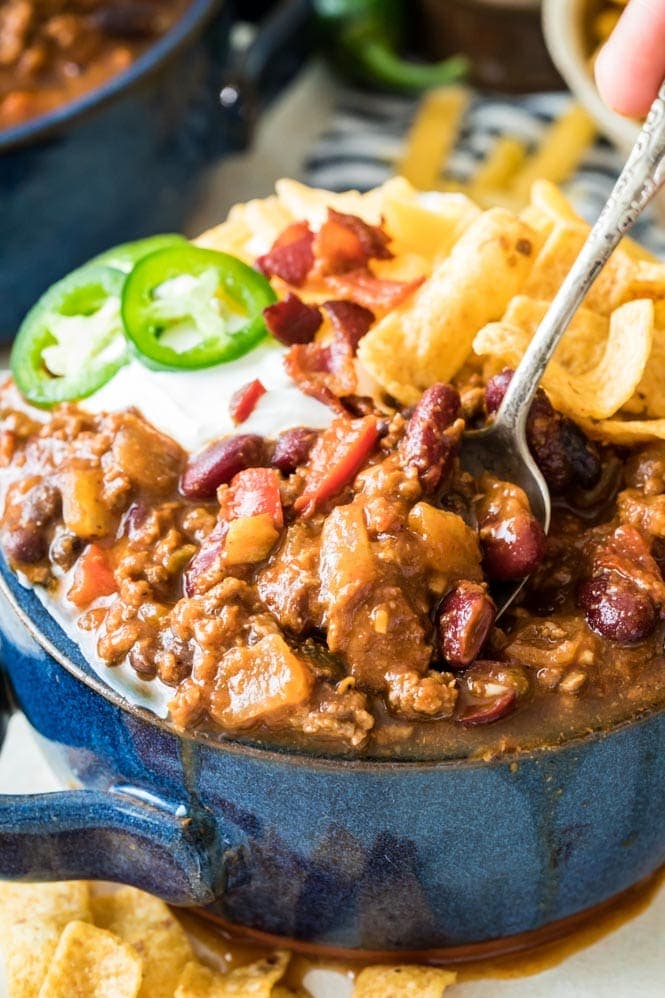 Chili in bowl with toppings