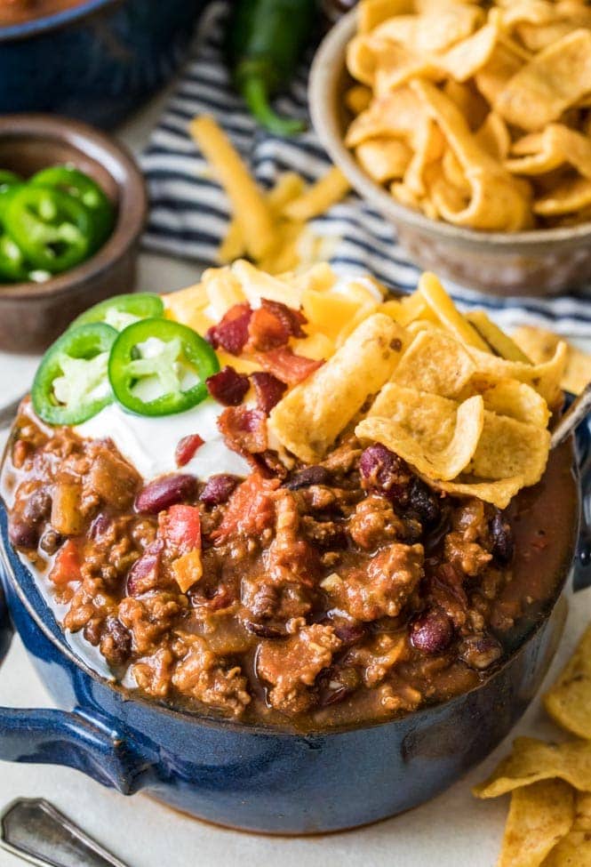 Chili in bowl with toppings