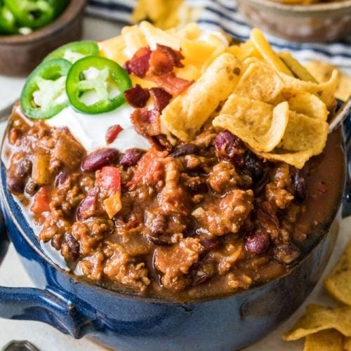 chili in blue bowl with toppings