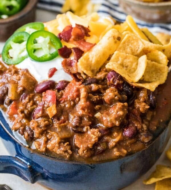 chili in blue bowl with toppings