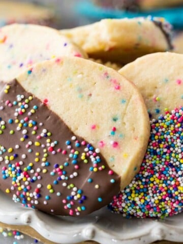 Slice and bake cookies dipped in chocolate, with sprinkles